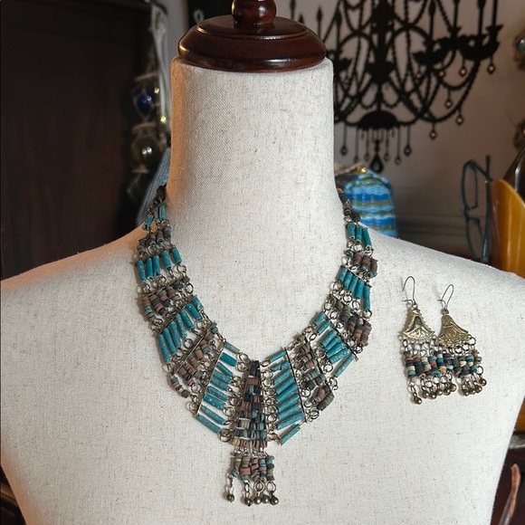 VINTAGE Egyptian Revival TURQUOISE FAIENCE TUBE BEADS BRASS BIB NECKLACE